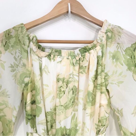 Flying Tomato Cream Green Floral Off Shoulder Flowy Tiered Belted Maxi Dress - Picture 11 of 16